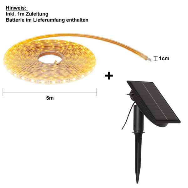 Solarbetriebene LED Lichterkette mit fünf Meter Länge und einem Zentimeter Breite