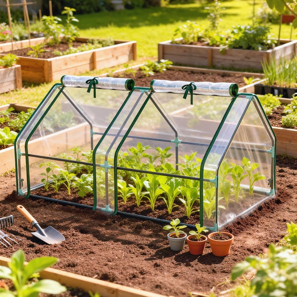 Kleines Gewächshaus mit Metallrahmen und Folie schützt junge Pflanzen in einem Gartenbeet mit Gartenwerkzeugen im Vordergrund.