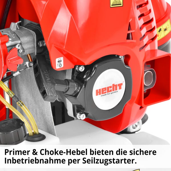 Detailansicht eines Hecht-Gartengeräts mit Primer und Choke-Hebel