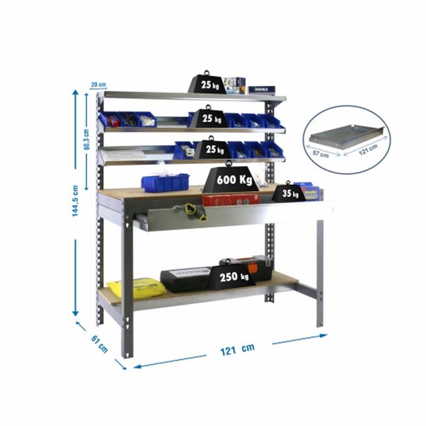 PROREGAL Werkbank Buffalo mit Frontablage und Schubfach HxBxT 84 x 120 x 61 cm Traglast 600 kg Grau