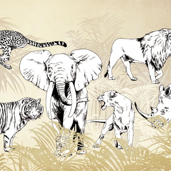 Illustration von Leopard, Elefant, Tiger, Löwe und Nashorn im Dschungel