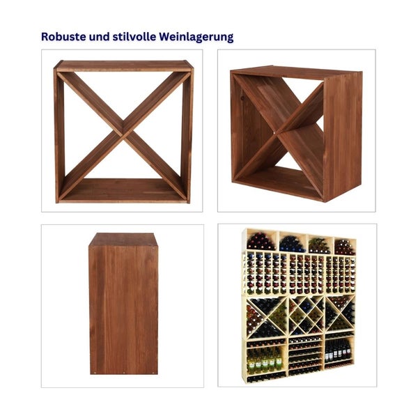 PROREGAL Modulares Weinregal Vincellar Mod HxBxT 60 x 60 x 30 cm Kreuz Modul Für 40 Flaschen Massives Kiefernholz Braun Geölt