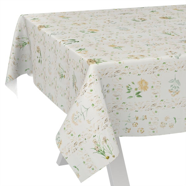 Tischdecke mit floralem Muster und verschiedenen Blumenmotiven.