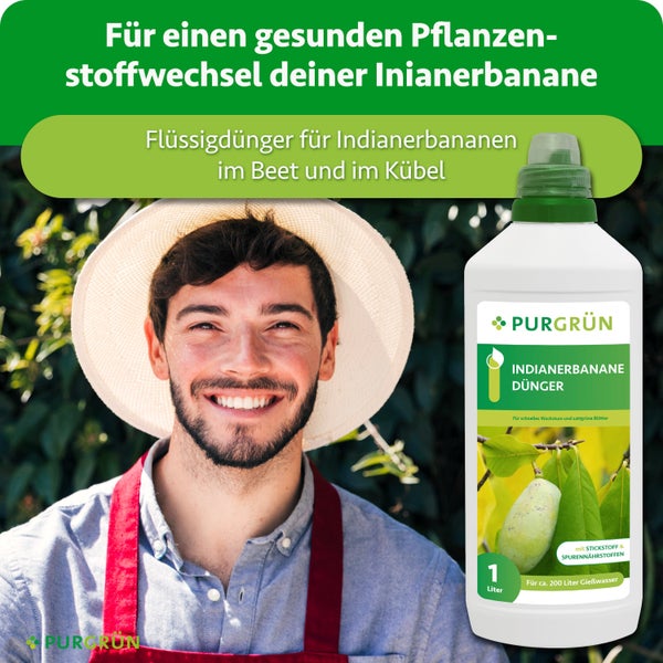 Purgrün Flüssigdünger für Indianerbananen 1 Liter in Kunststoffflasche mit lachendem Gärtner im Hintergrund