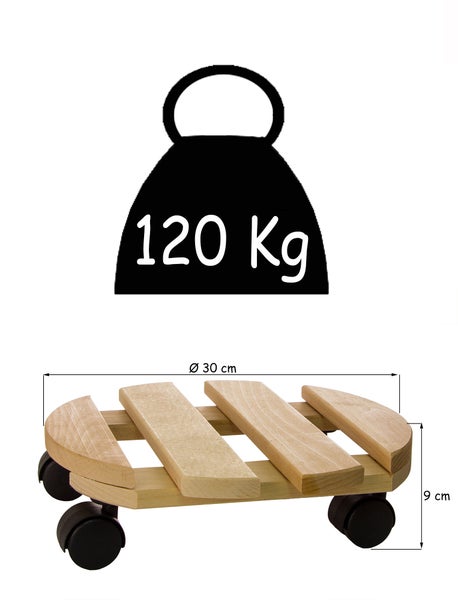 Pflanzenroller aus Holz mit einer Traglast von 120 Kilogramm und einem Durchmesser von 30 Zentimetern