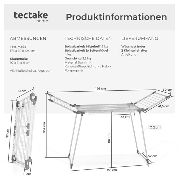 Technische Zeichnung eines Wäscheständers mit Abmessungen und technischen Daten