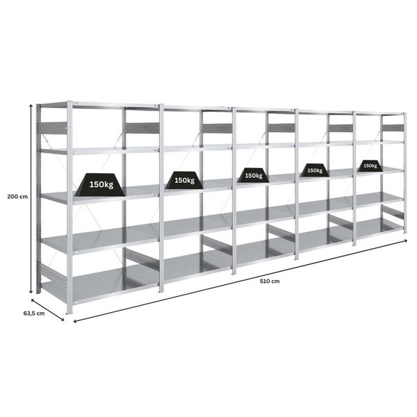 PROREGAL Schwerlastregal Silver Mamba Made In Germany  HxBxT 200 x 500 x 60 cm 5 Ebenen Je 150 kg Fachlast  Verzinkt