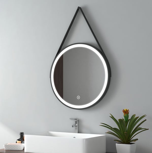 EMKE Badspiegel mit Beleuchtung Ø50 cm, Kaltweiß, Helligkeit einstellbar, Anti-Beschlag, Touchschalter, schwarzer Rahmen mit Deko-Aufhängung, IP44, Wandmontage, für Bad