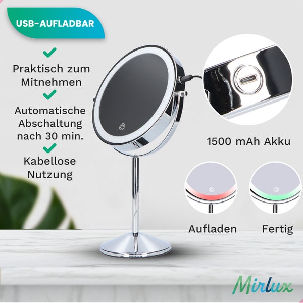Mirlux Kosmetikspiegel mit LED Beleuchtung 10fache Vergrößerung  Rund 3 Lichtstufen Wiederaufladbar Chrom