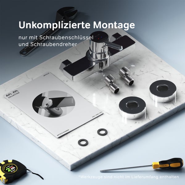 Duscharmatur mit Montagezubehör und Bedienungsanleitung von AM PM auf einer Marmoroberfläche zur einfachen Installation.