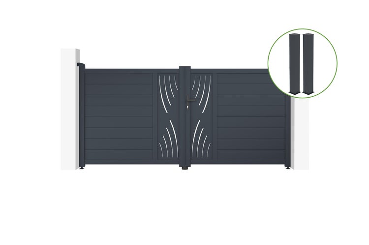 Flügeltor 3m VELETA H.140cm graues Aluminium + 2 Pfosten 20x20cm H.166cm
