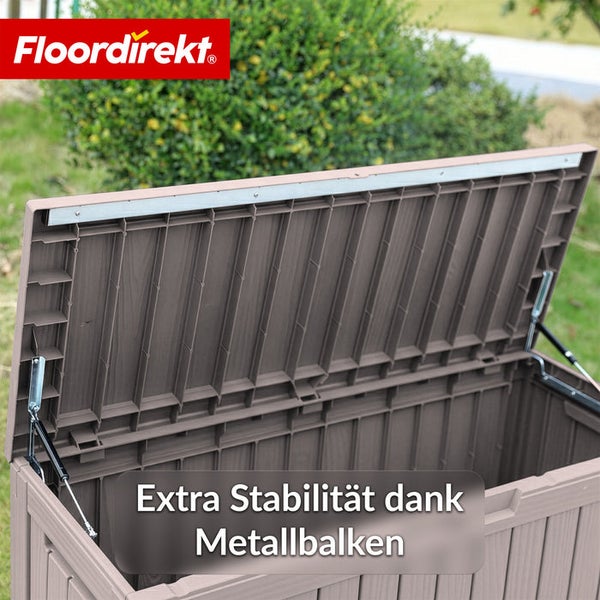 Geöffnete Gartenbox mit Metallbalken für extra Stabilität
