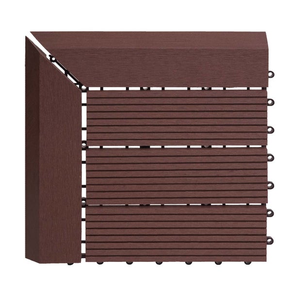 Braunes Eckstück für Terrassenfliese aus Holz-Kunststoff-Verbundwerkstoff mit Klicksystem für Balkon und Terrasse.