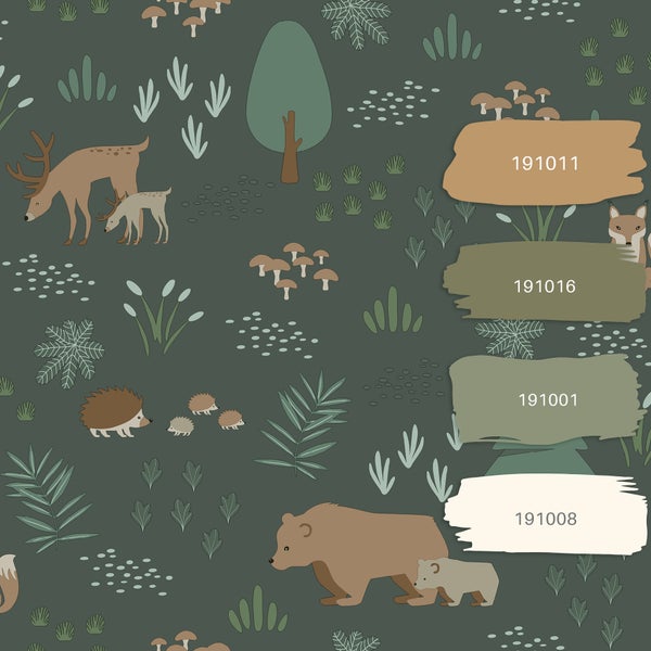 Illustrierte Waldtiere und Pflanzen auf dunklem Grund mit Farbcodes