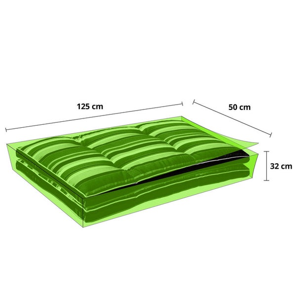 Schutzhülle für Gartenmöbelauflagen mit Maßen: Länge 125 Zentimeter, Breite 50 Zentimeter, Höhe 32 Zentimeter.