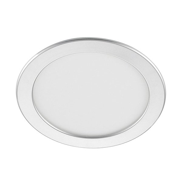 Runde, flache LED-Einbauleuchte mit silberfarbenem Rand.