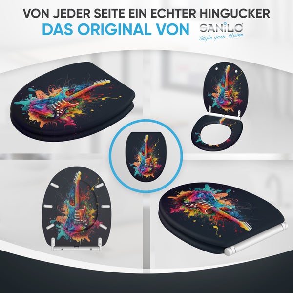 Sanilo Logo. WC-Sitz mit buntem E-Gitarren-Motiv in verschiedenen Ansichten: geschlossen, geöffnet und Unterseite.