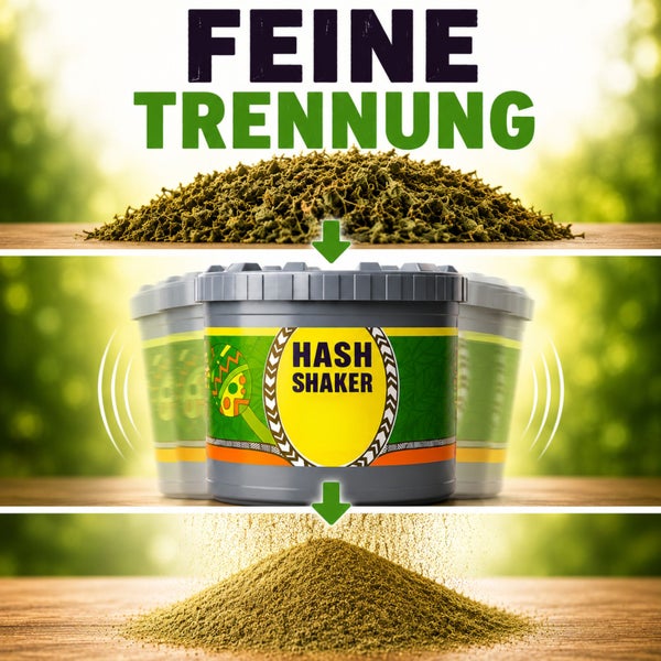Hash Shaker zur feinen Trennung von Pflanzenmaterial, zeigt den Siebvorgang von Kräutern zu feinem Pulver.