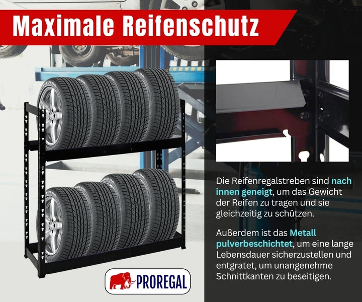 Stabiles Reifenregal aus schwarzem pulverbeschichtetem Metall mit zwei Ebenen und nach innen geneigten Streben für optimalen Reifenschutz.