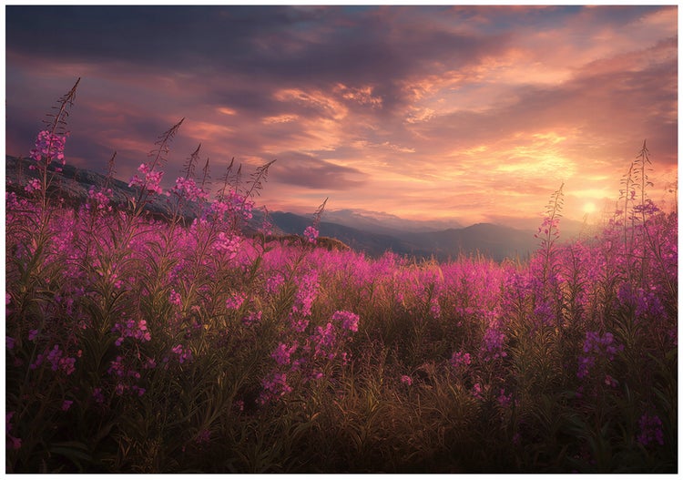 Blumenfeld mit rosafarbenen Blüten vor Berglandschaft und Abendhimmel