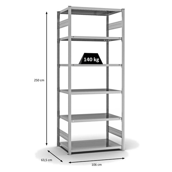 PROREGAL Fachbodenregal Stecksystem T-Profil Light-Duty Grundregal HxBxT 250 x 100 x 60 cm 6 Ebenen Fachlast 140 kg Beidseitig Nutzbar Verzinkt