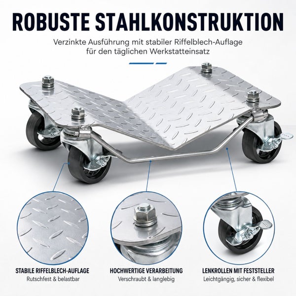 Transportroller aus Stahl mit verzinkter Riffelblechplatte und lenkbaren Rollen mit Feststeller fuer den Werkstattgebrauch.