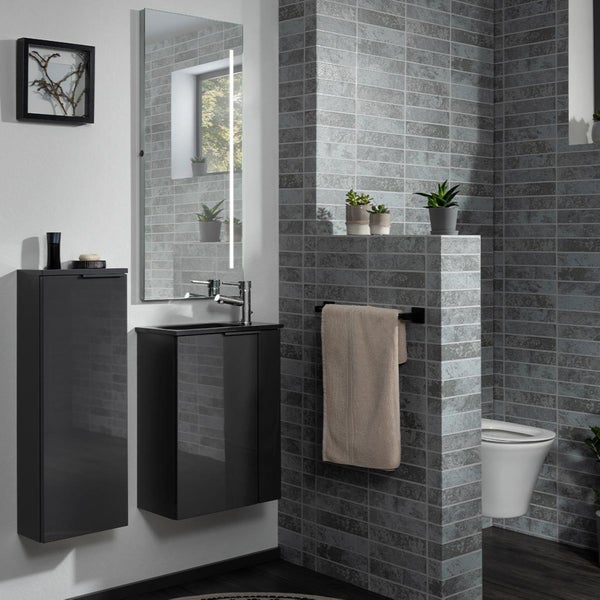 Fackelmann LUNA Gäste-WC Set 2 Teile – Waschtischunterschrank in Anthrazit mit Waschbecken aus Glas in Anthrazit – SBC Waschbeckenunterschrank schmal – Türanschlag links – 45 cm breit