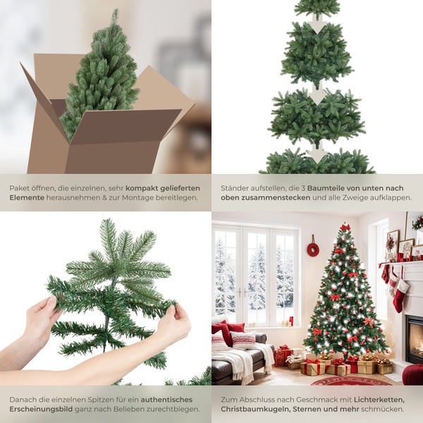 Anleitung zur Montage eines künstlichen Weihnachtsbaums in vier Schritten: auspacken, zusammenstecken, Zweige ausrichten und dekorieren.