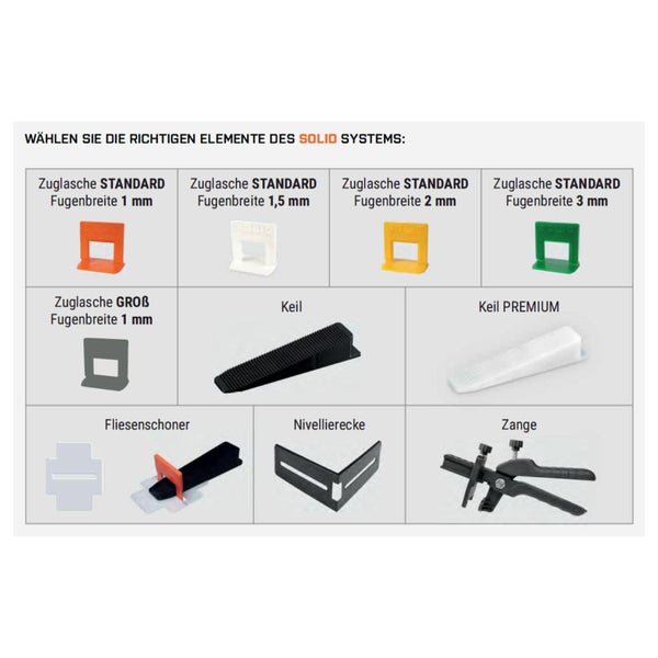 Verschiedene Elemente des Solid Systems zur Fliesenverlegung, wie Zuglaschen in verschiedenen Größen, Keile, Fliesenschoner, Nivellierecken und Zange.