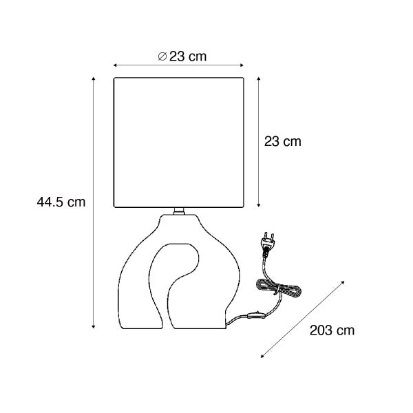 Skizze einer Tischleuchte: Höhe 44.5 Zentimeter, Schirmdurchmesser 23 Zentimeter, Kabellänge 203 Zentimeter.