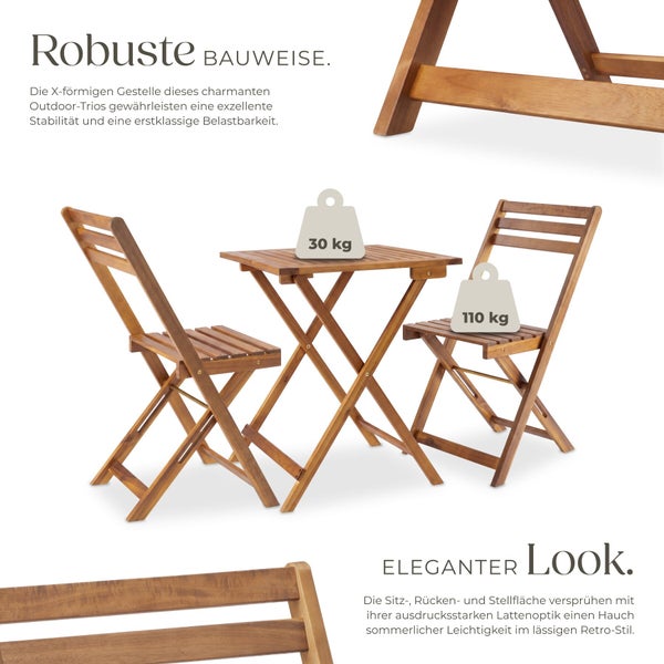 Holz Gartenmöbel Set mit X-Gestellen und Lattenoptik. Zwei Klappstühle und Tisch. Belastbarkeit Tisch 30 Kilogramm, Stühle 110 Kilogramm.