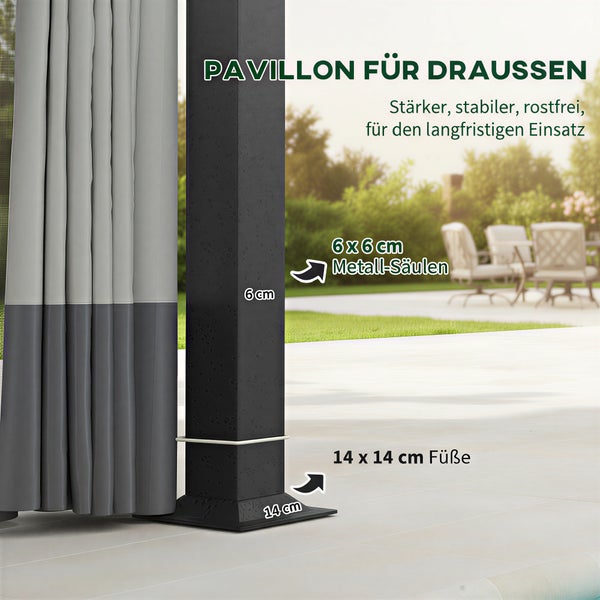 Detail einer Metall-Säule eines Pavillons mit 6 mal 6 Zentimeter und einem Standfuß mit 14 mal 14 Zentimeter vor einem Garten.