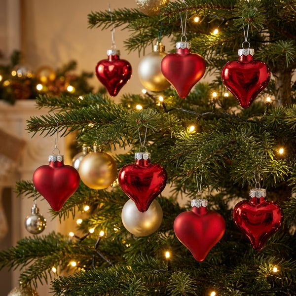 Weihnachtsbaum mit herzförmigem Christbaumschmuck und Weihnachtskugeln, beleuchtet mit einer Lichterkette.