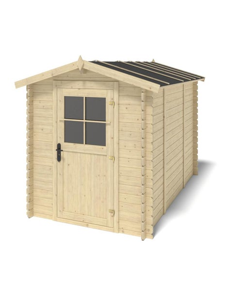 Gartenhaus aus Holz mit Satteldach und Einzeltür mit Lichtausschnitt