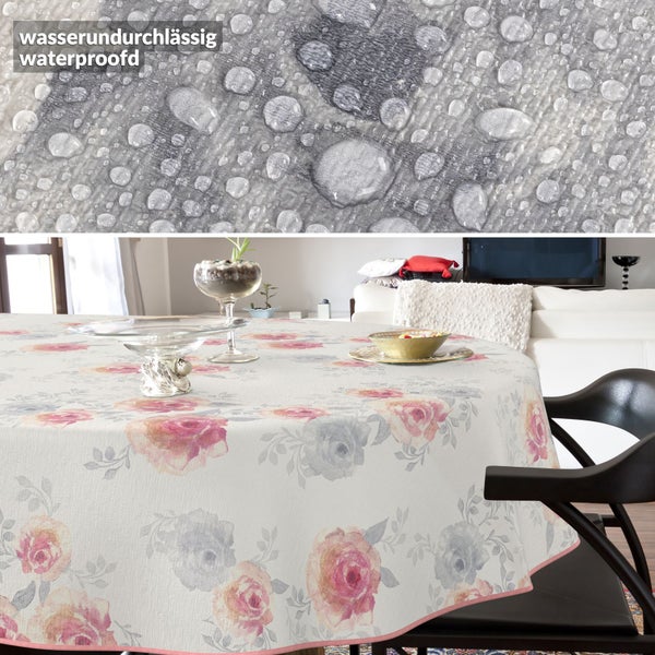 Tischdecke mit floralem Muster und wasserabweisender Beschichtung auf einem Tisch