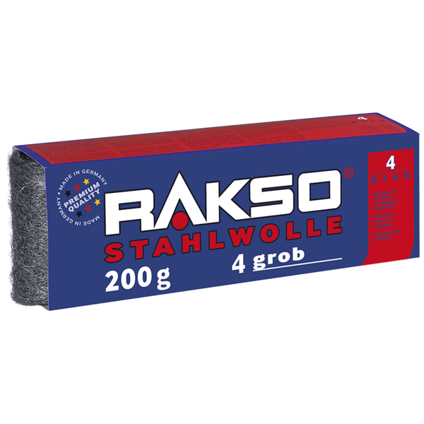 Rakso Stahlwolle Sorte 4 grob, 200 Gramm Packung zur Reinigung von Metall, Fliesen und Holz.