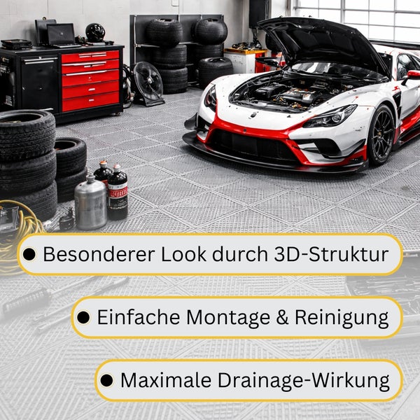 Werkstatt mit Sportwagen auf Bodenfliesen mit 3D-Struktur, einfacher Montage, Reinigung und maximaler Drainage-Wirkung.
