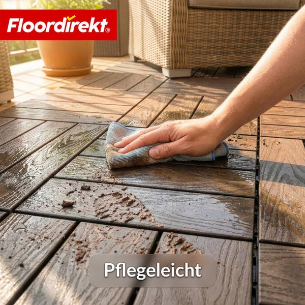 Reinigung von Terrassenfliesen aus Holzverbundwerkstoff mit einem Tuch