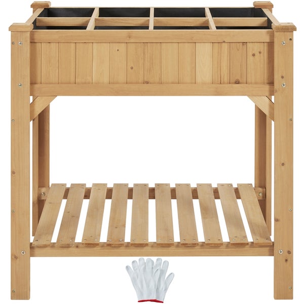 Hochbeet aus Holz mit Ablage und Gartenhandschuhen