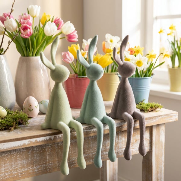 Drei dekorative Osterhasen Figuren in sitzender Position auf einem Holztisch mit Tulpen und Narzissen in Vasen und Eimern als Frühlingsdekoration.