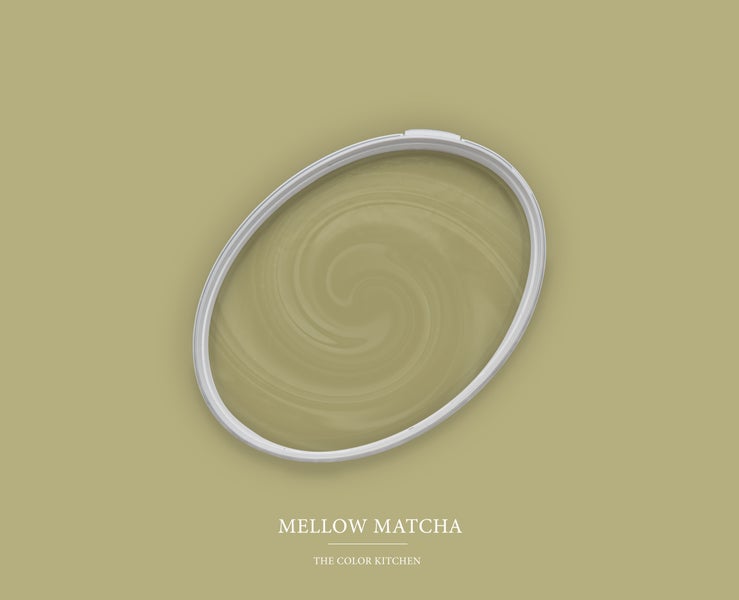 Wandfarbe Mellow Matcha von The Color Kitchen in einem ovalen Behälter mit Farbwirbel.