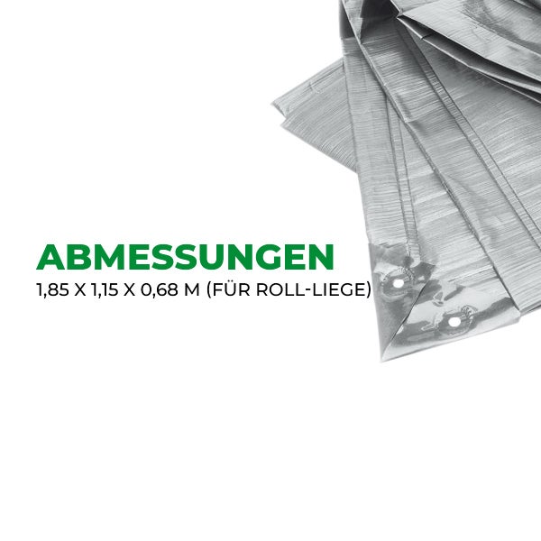 Silberne Schutzhülle für Roll-Liege mit den Maßen 1,85 mal 1,15 mal 0,68 Meter und verstärkten Ecken mit Ösen.