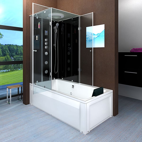 Innenansicht einer modernen Duschkabine mit Regendusche, Handbrause, digitalem Bedienfeld und Glasablagen mit Pflegeprodukten.