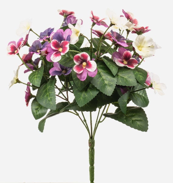 Künstlicher Stiefmütterchen-Busch mit violetten, rosa und weißen Blüten sowie grünen Blättern.