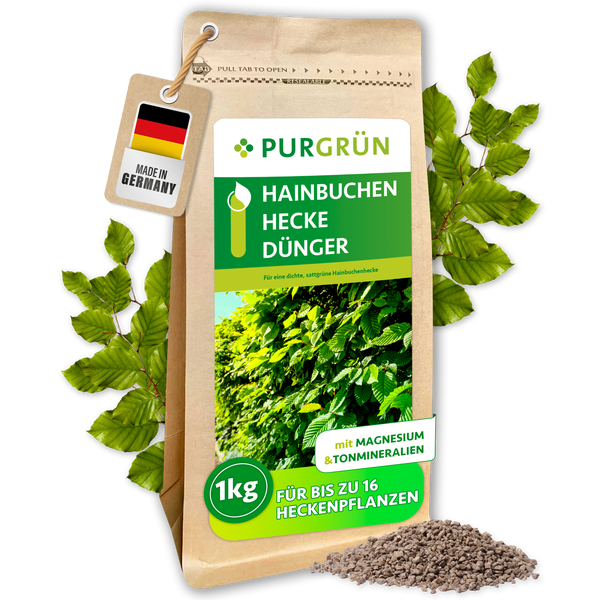 Purgrün Hainbuchen Hecke Dünger, 1 Kilogramm Packung, mit Magnesium und Tonmineralien, für bis zu 16 Pflanzen, Hergestellt in Deutschland.