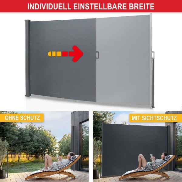 Ausziehbare Seitenmarkise für die Terrasse mit individuell einstellbarer Breite, dient als Sichtschutz und Windschutz.