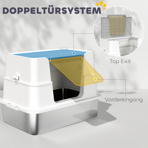 Katzentoilette mit Doppeltürsystem, Vordereingang und Ausstieg nach oben