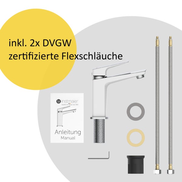 instmaier Waschtischarmatur B2 | hochwertige Mischdüse | Wasserhahn Bad mit Bohrung für Exzentergestänge | Badezimmer Armatur Weiß / Chrom | mit Zentralverschraubung | Für Lochdurchmesser von 35-50mm