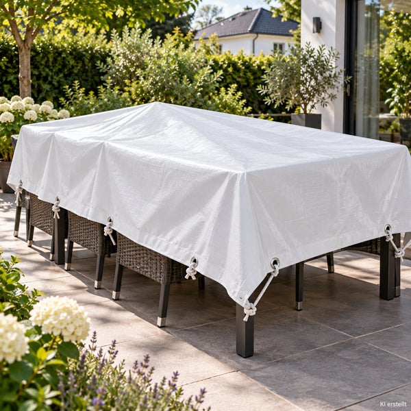 Eine wetterfeste Abdeckplane für eine Gartentischgruppe, befestigt mit Kordeln an den Stühlen, auf einer Terrasse im Freien.