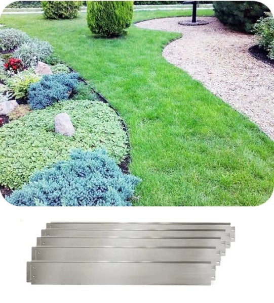 Gartenlandschaft mit Rasen, Pflanzen und sechs Rasenkanten